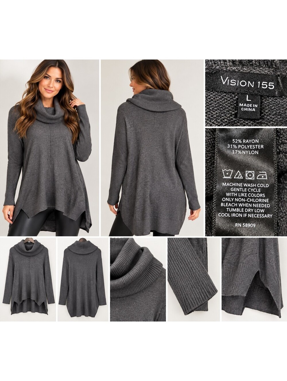 NWT Vision 155 Gray Cowl Neck Tunic Sweater L High Low Oversized